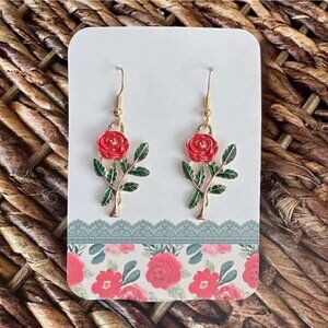 New Handmade Gold-Tone Red Rose Dangle Earrings (2" long x 0.75" wide)